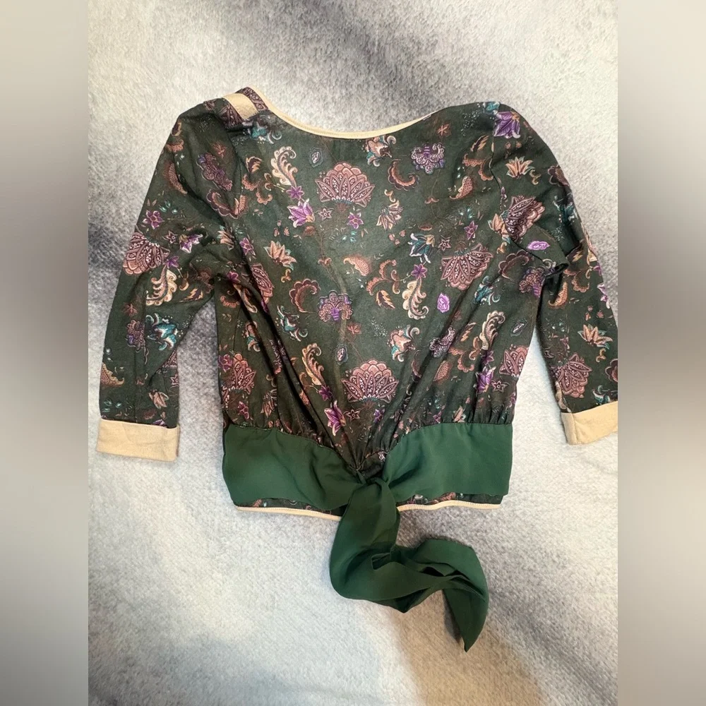 Very Co Green Cream Paisley Tie Back Thin Cardigan Top 1 Small Medium‎ M